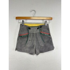 Kids Lederhosen Shorts Grey Suede Embroidered Red Green Buttons Bavarian